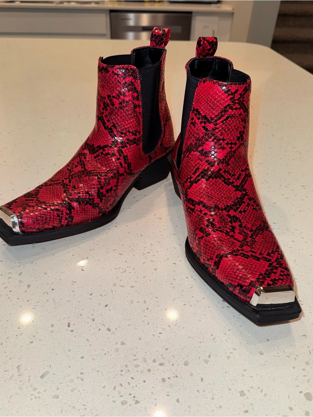 ASOS Red Snake-Print Unisex Chelsea Booties with Silver Toe